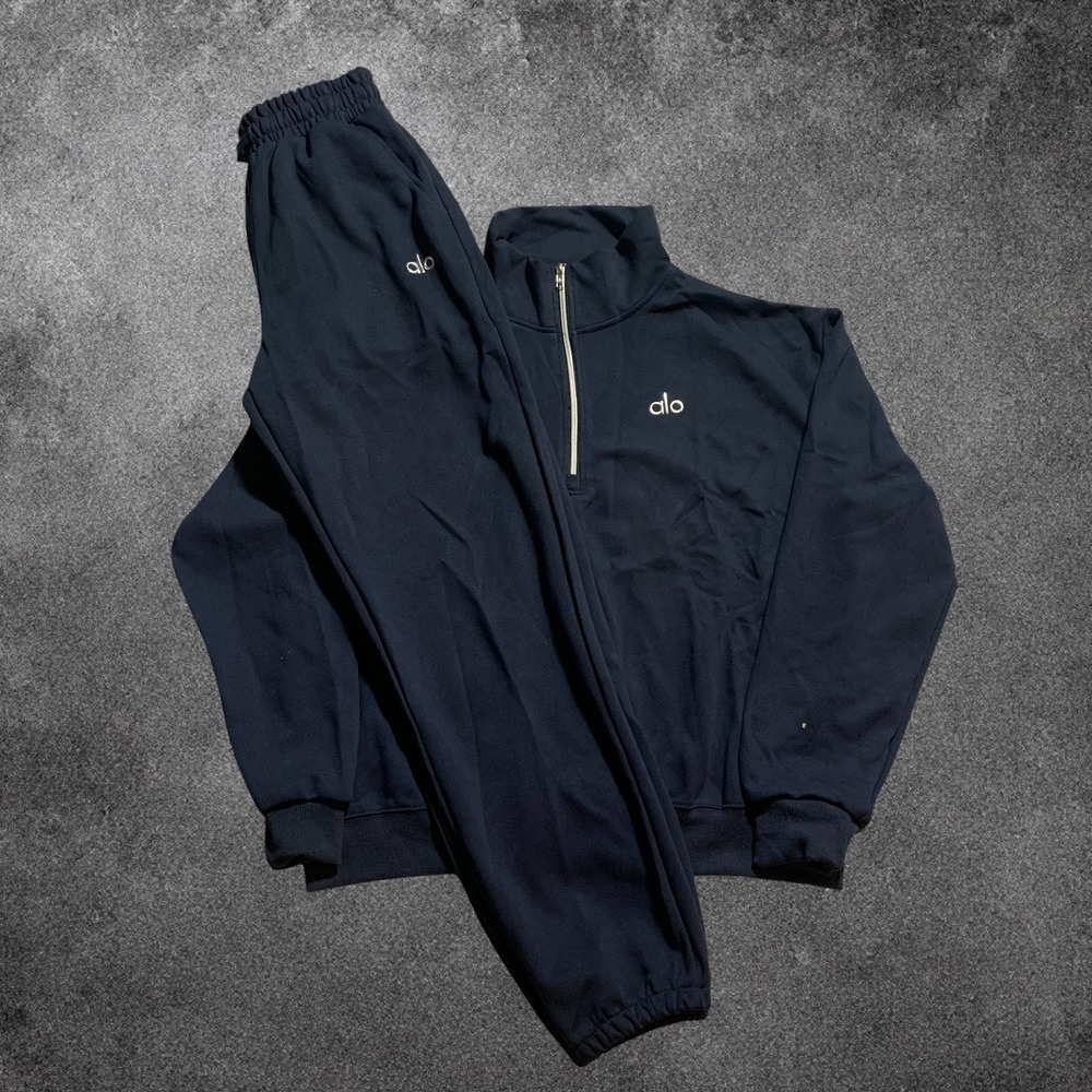 Alo Yoga Quarter Zip Pullover & Cuffed Sweatpants Set Mens Large Navy Blue Set